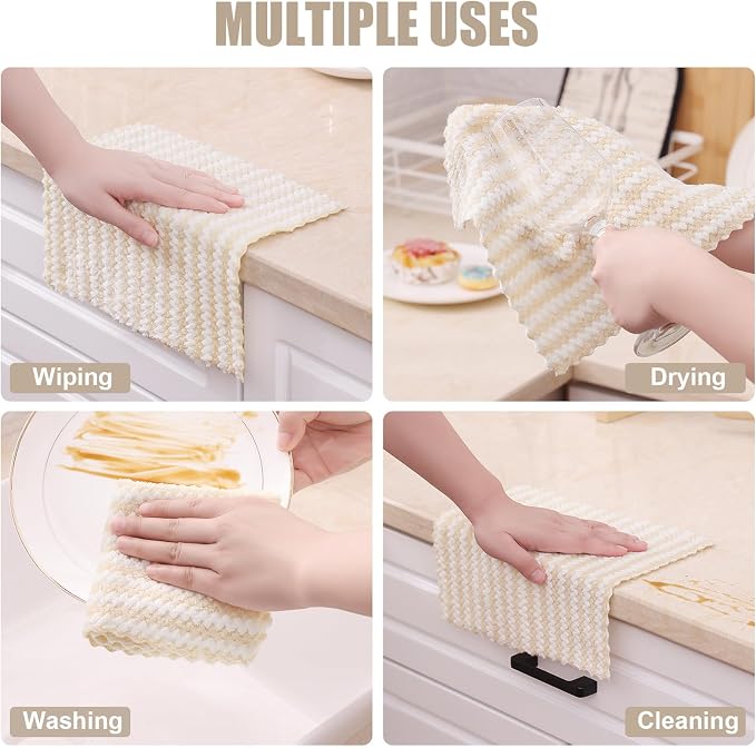 Homaxy 24 Pack Kitchen Dish Cloths, Ultra Soft and Absorbent Dish Towels, Reusable Fast Drying Microfiber Cleaning Cloth, Coral Velvet Wave Design No-lint, 10 x 10 inches, Beige