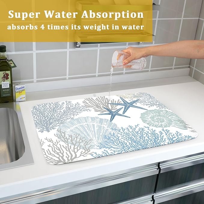 Nautical Dish Drying Mat for Kitchen Counter Coastal Seashell Starfish Summer Microfiber Absorbent Dish Draining Reusable Washable Foldable Extra Large 18"x24"
