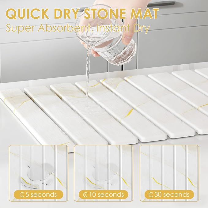 4-Piece Large Stone Dish Drying Mat for Kitchen Counter, 24"x16" Super Absorbent Diatomaceous Earth Drying Mat Set with Faucet Mat & Small Utility Mat, Rollable Quick Dry Pad for Dishes, Cups, Bottles