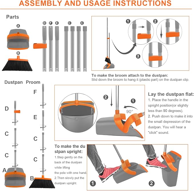 Broom and Dustpan Combo Set, 55" Long Handle Broom Orange | Large Area Outdoor Cleaning, Extended Reach Design, Built-in Comb Dustpan, Foldable Storage for Garage, Patio & Home