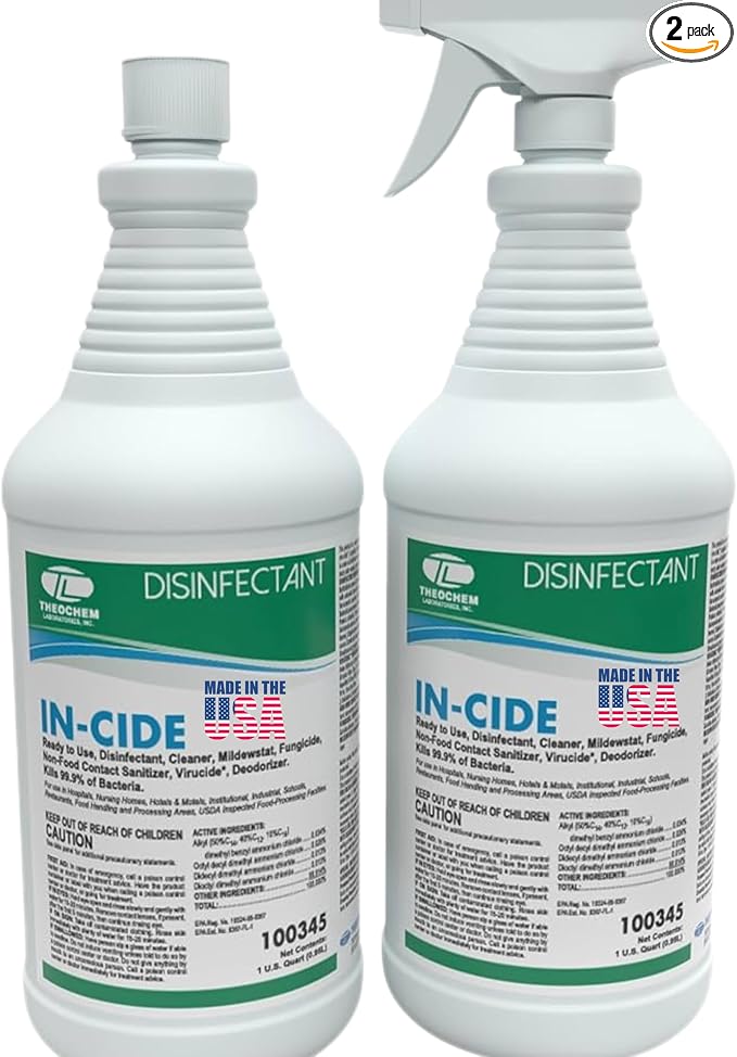 In-Cide EPA Registered Disinfectant Spray - Kills 99.9% of Germs, Mold, Mildew and MRSA - Multi-Surface Cleaner for Home, School & Hospital - Fresh Scent - 32 oz (2 Pack)