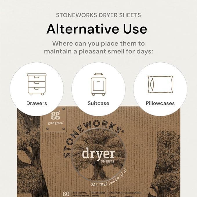Grab Green Stoneworks Dryer Sheets, 80 Count, Oak Tree, Compostable | Softens fabrics; Reduces Static; Cruelty-free; Plant & Mineral Based; No Harsh Chemicals