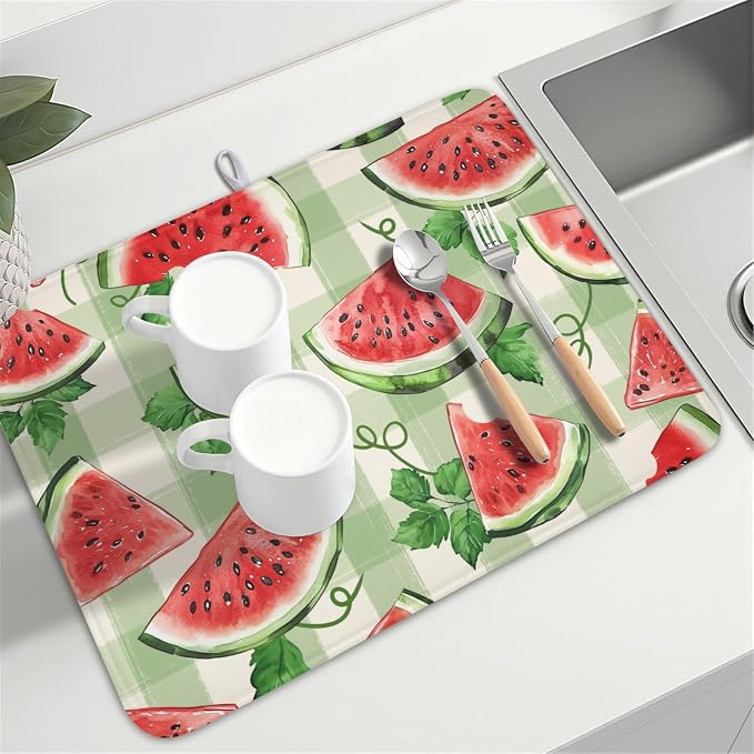 Summer Dish Drying Mat for Kitchen Counter Watercolor Watermelon Green Buffalo Plaid Microfiber Dish Drainer Mat Rustic Absorbent Washable Drying Pad Extra Large 18"x24"