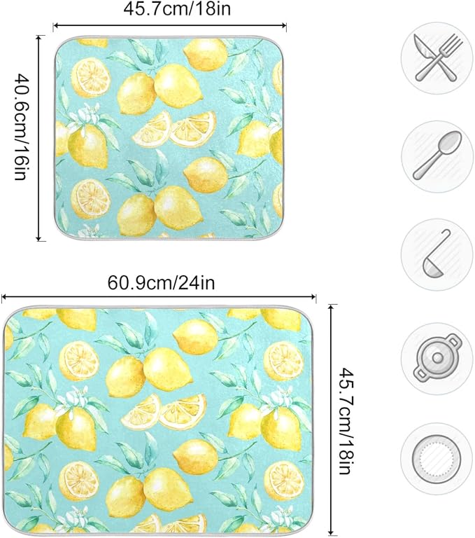 Absorbent Dish Drying Mat for Kitchen Counter - Yellow lemon teal background Microfiber Drying Pad, Reversible Drainer Mats for Countertop, Large 18 x 24 inch
