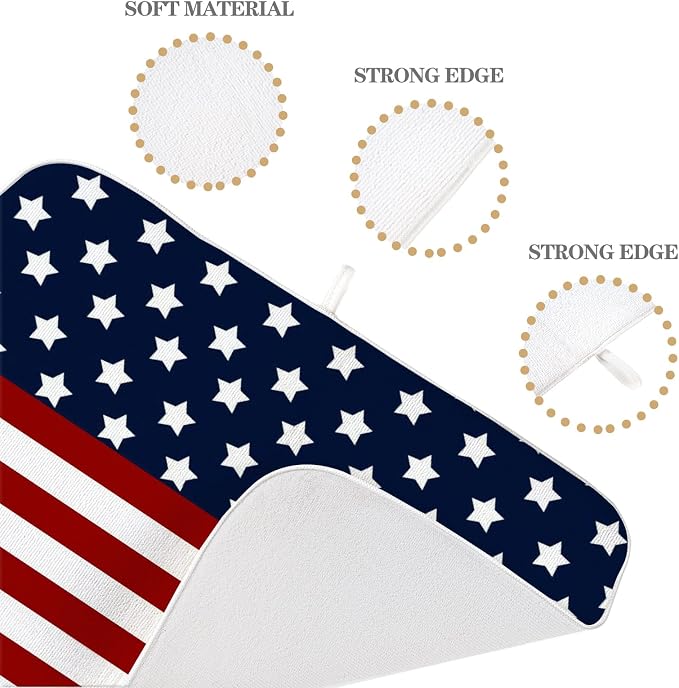 4th of July Dish Drying Mat 18x24 Inch Navy Blue Red Flag Stars Patriotic Drying Mat Independence Day Memorial Day Absorbent Dish Drying Pad Dish Rack Drainer Mats for Kitchen Dining Counter