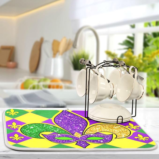 Mardi Gras Fleur De Lis Dish Drying Mat 18 X 24 Inch Rhombus Carnival Mask Absorbent Microfiber Dry Dishes Pads Tableware Mats Protector for Kitchen Countertops Counter Home Decorations