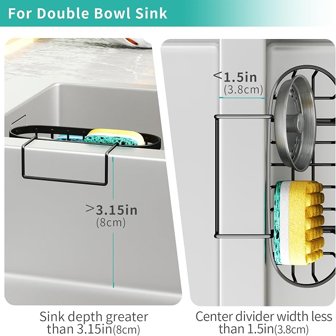 HapiRm Sponge Holder for Kitchen Sink - Rustproof Hanging Kitchen Caddy for Double-Bowl Sink, Center Divider width less than 1.5in- Black