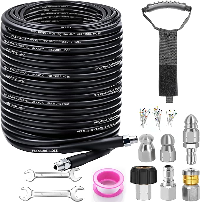 150FT Sewer Jetter Kit for Pressure Washer, 5800PSI Drain Cleaner Hose 1/4 Inch NPT Corner, Rotating and Button Nose Sewer Jetting Nozzles, Waterproof Tape and 2 Spanners (Black)