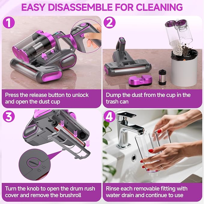 Mattress Vacuum Cleaner - 16Kpa Bed Vacuum with 253.7nm UV-C Light, 140°F Heat, Ultrasonic Tech & Hepa Filter, Portable Handheld Couch Cleaners for Pet Carpet Sofa Hair Home, Purple-Cordless