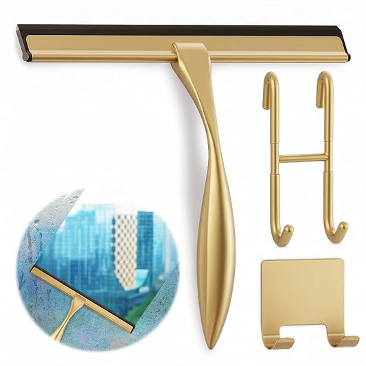 Gold Squeegee for Shower Glass, 10" Silicone Blade, Stainless Steel | Shower Door Squeegee with Hook, Adhesive Mount; All-Purpose Bathroom Tile, Mirror, & Window Wiper for Streak-Free Cleaning