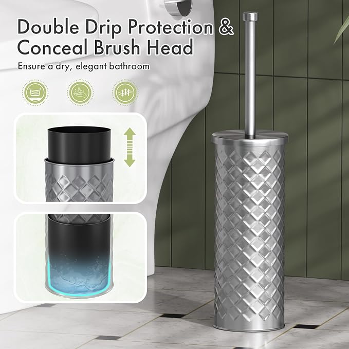 Toilet Bowl Brush and Holder Set 2 Pack with 4 Extra Brush Heads | Extra Long Handle with Splash Guard Cover, Tool-Free Installation, Bathroom Space-Saving, Cleaner Sets for Apartments, RV (Silver)