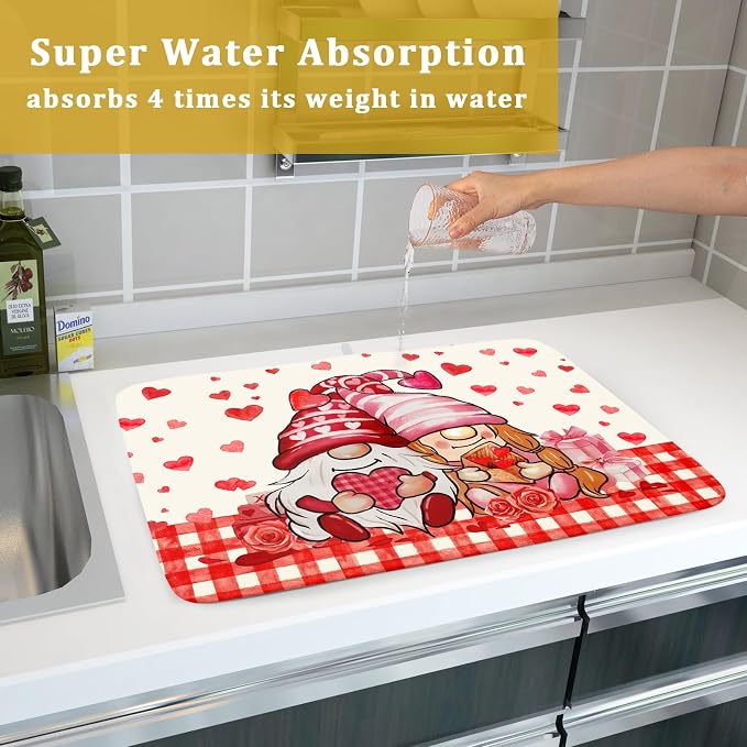 Love Gnome Dish Drying Mat 18"x24" Red Heart Microfiber Dish Drainer Rack Mat Holiday Absorbent Dishes Pad for Kitchen Counter Sink Decor