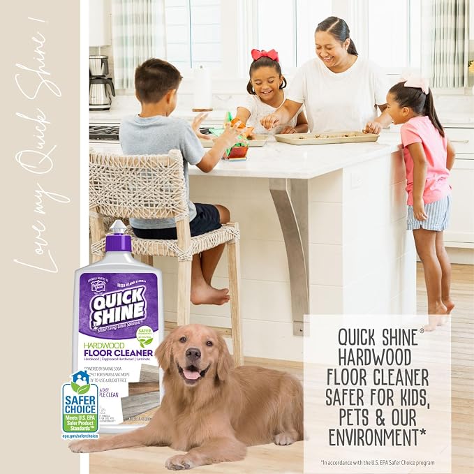 Quick Shine Hardwood Floor Cleaner 27 oz, Streak-Free, No Residue | Powered by Baking Soda, Fresh Island Essence, pH Neutral, No Rinse, PFAS & Ammonia Free, EPA Safer Choice Made in USA