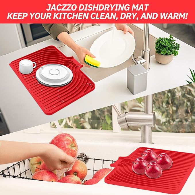 Dish Drying Mat for Kitchen Counter, with Built-in Drain Lip, Food-Grade Silicone, Easy Clean Pad for Countertop Protection, Multi-Functional Use (18x11.8, Red)