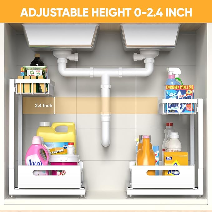Saydear L-Shaped Under Sink Organizer, 2-Tier Pull-out Cabinet Rack 1-Pack | White Height-Adjustable Steel Rack, Sliding Grid Drawers with PP Liners, Holds 100 Lbs, Suction Base, Ideal Kitchen Storage