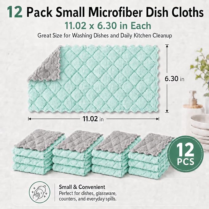 kimteny 12 Pack Dish Cloths for Washing Dishes, Super Absorbent Microfiber Kitchen Dish Rags, Fast Drying Coral Velvet Dish Cloths for Kitchen Counter and Dishes (Green-Grey)
