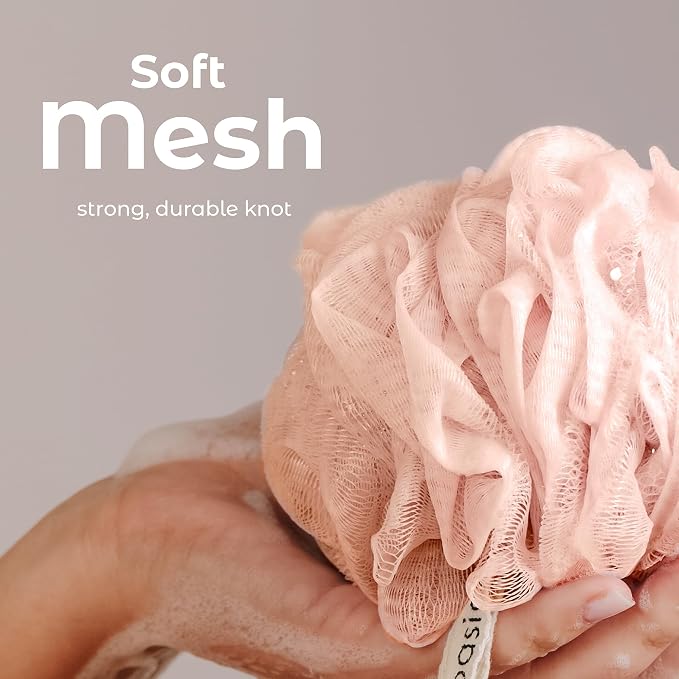 MainBasics Shower Loofah Sponge Pouf, Set of 3, Earthy Love | Soft Mesh Body Scrubber and Bath Sponge for Gentle Exfoliation, Rich Lather, and Everyday Shower Use