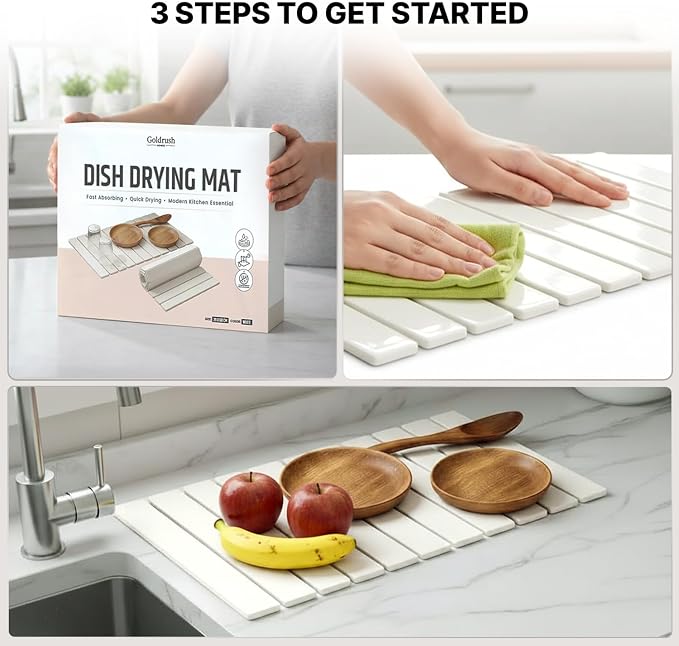 Stone Dish Drying Mat for Kitchen Counter - Fast-Absorbing Diatomite Drying Stone - Reusable Kitchen Drying Mat for Dishes, Cups & Utensils - Quick-Dry Stone Mat for Kitchen Sink and Countertop