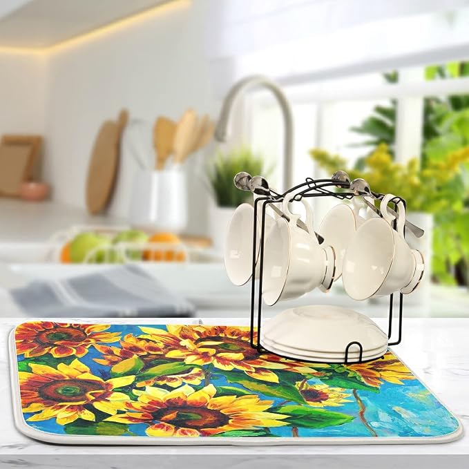 Super Absorbent Dish Drying Mat, Microfiber Fast-Drying Dish Mat, 24" x 18", Kitchen Dish Drying Pad, Sunflowers