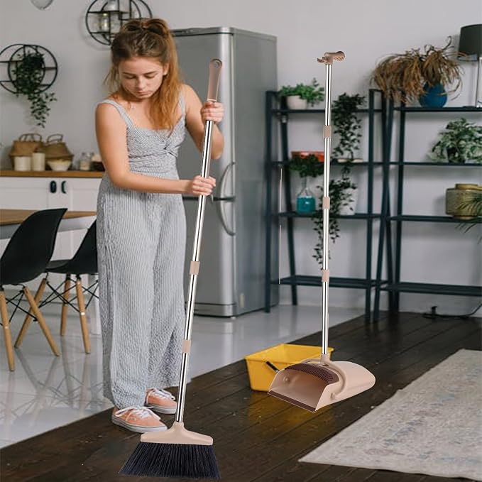 Upgraded Broom and Dustpan Set with Long Handle Standing Broom with Dustpan Combo for Home Kitchen Room and Offices