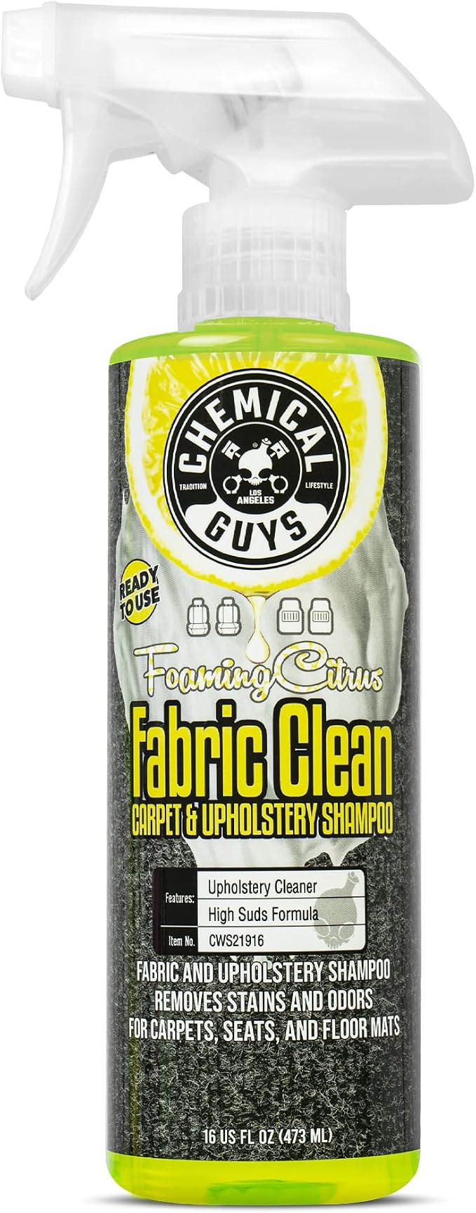 Chemical Guys, Citrus Fabric & Carpet Cleaner, Ready-to-Use Spray, 16 oz | Ready-to-use foaming spray lifts stains and odors from car seats, carpet and floor mats, safe on most fabrics