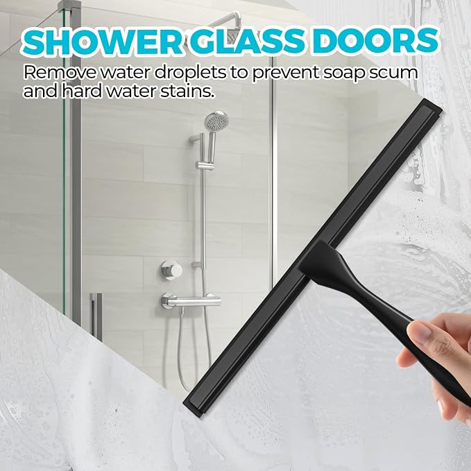 ALFLOD 12" Shower Squeegee for Glass Doors, Tile Walls, Car Windows, Black | Bathroom accessories, new home essentials, silicone blade, metal handle, adhesive hook, household tool, multipurpose cleaner