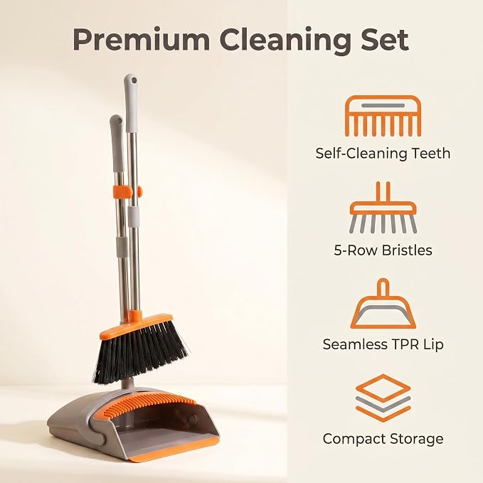 Broom with Standing Dustpan Combo Set, 52" Long Handle Self-Cleaning Teeth, 5-Row Stiff Bristles Angled Head, TPR Rubber Lip for Kitchen Pet Hair Sweeping Indoor Outdoor