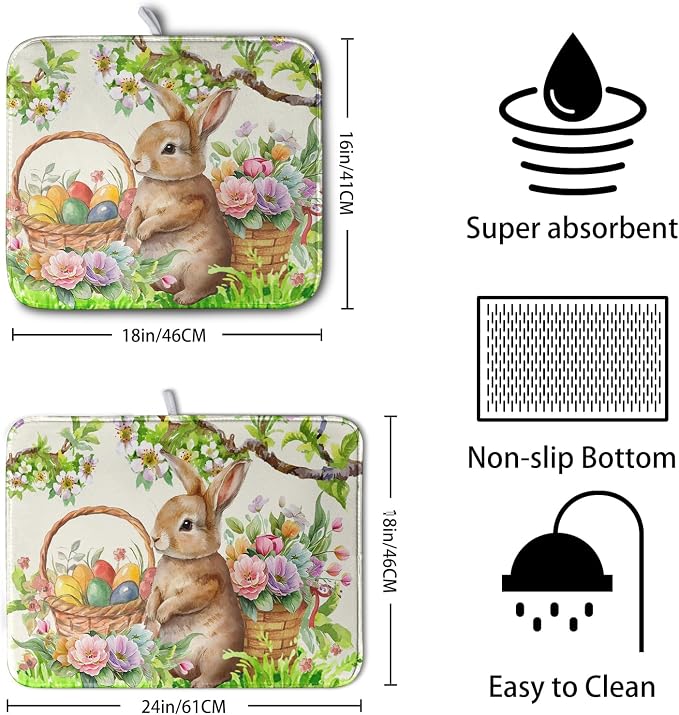 Happy Easter Bunny Kitchen Dish Drying Mat for Dishes 18x24 Inch Spring Colorful Floral Flower Basket Drying Mats Easter Eggs Dish Drainer Mat Super Absorbent Dish Rack Pad for Coffee Bar Sinks