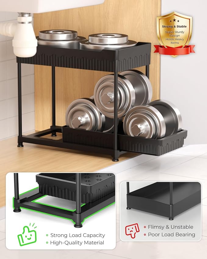 Sevenblue 3-Pack 2-Tier Under Sink Organizers with Sliding Drawers | Multi-use kitchen & bathroom storage, 12.8 inch black cabinet organizer, space-saving sliding drawer design.
