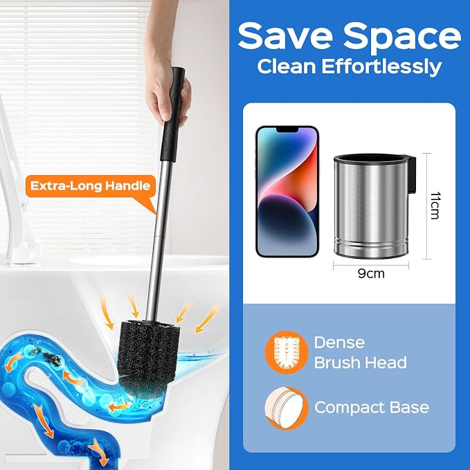 HAMITOR Toilet Brush and Holder Set: 2 Pack Stainless Steel Rustproof Kits with Deep Cleaning Bristles - Hidden Toilet Cleaner Scrubber for Homeowners - Compact Bathroom Accessories for Home RV Silver