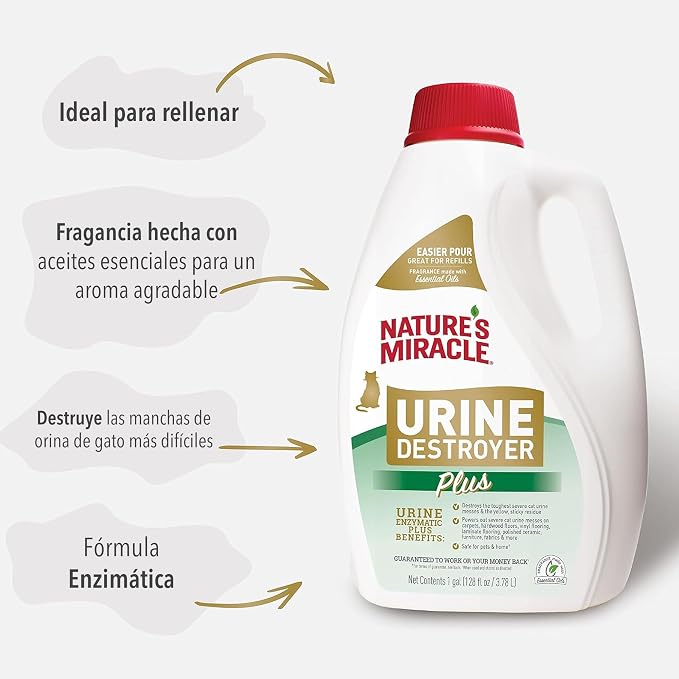 Nature’s Miracle Urine Destroyer Plus for Cats, Enzymatic Formula Tough on Strong Cat Urine And The Yellow Sticky Residue, 1 Gal