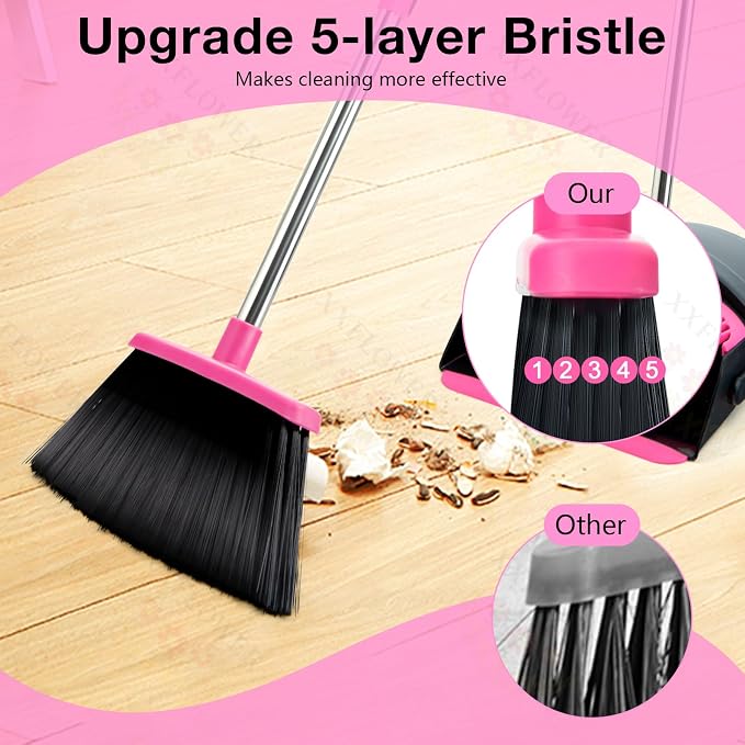 Broom and Dustpan Set, Long Handle Lightweight Dustpans with Broom Combo for Home, Indoor&Outdoor Sweeping for Home Room Kitchen Office Lobby (Black Pink)