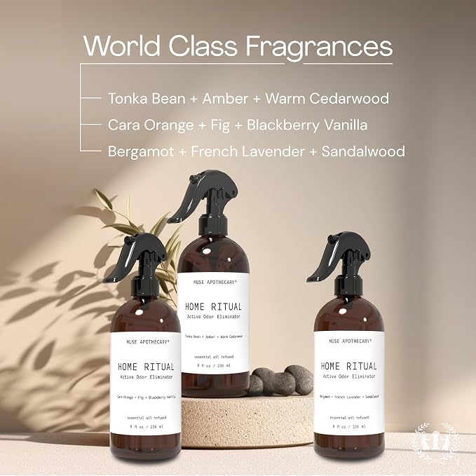 Muse Apothecary Home Ritual Active Odor Eliminator Spray - Furniture Deodorizer Spray & Bathroom Odor Eliminator for Home - Essential Oil Air Freshener - 8oz, Bergamot + French Lavender + Sandalwood