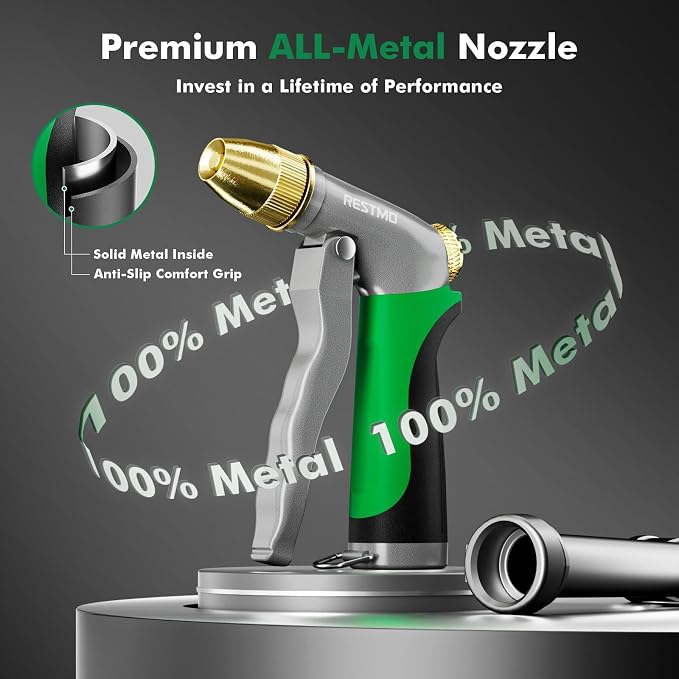RESTMO Metal Water Hose Nozzle, High Pressure Garden Sprayer, Green | Adjustable Brass Head for 4 Spray Patterns, Heavy Duty Garden Water Sprayer for Outdoor Lawn & Plant & Car