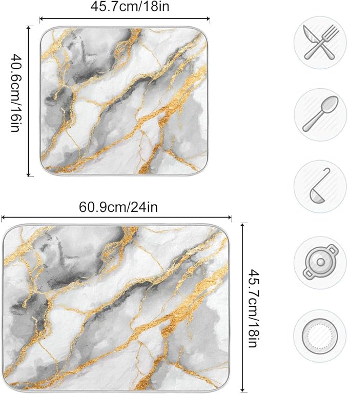 White Marble Dish Drying Mat for Kitchen Counter 16 x 18 Inch Gold Marbling Granite Absorbent Microfiber Dry Dishes Mats Drainer Mat Dish Drying Pad for Countertops