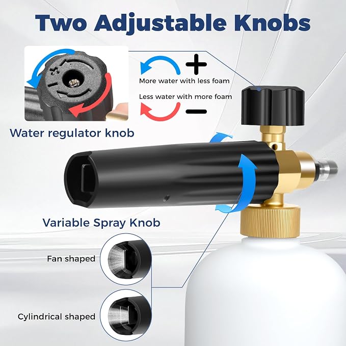Foam Cannon Dual Connector for Pressure Washer, Industrial Car Wash Foam Gun Kit 1/4 Inch Quick Connector, Adjustable Soap Cannon with 5 Pressure Washer Nozzle Tips, Adapter, 1 Liter