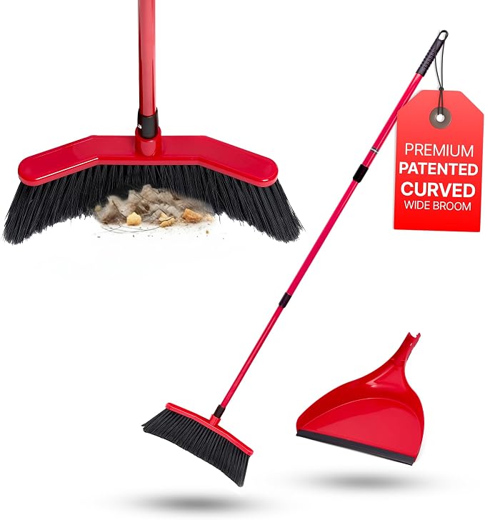 with Dustpan Combo Set, 16-Inch Curved Head | 52" adjustable telescopic handle, soft PVC bristles, indoor outdoor kitchen sweep, clears pet hair, dust, debris