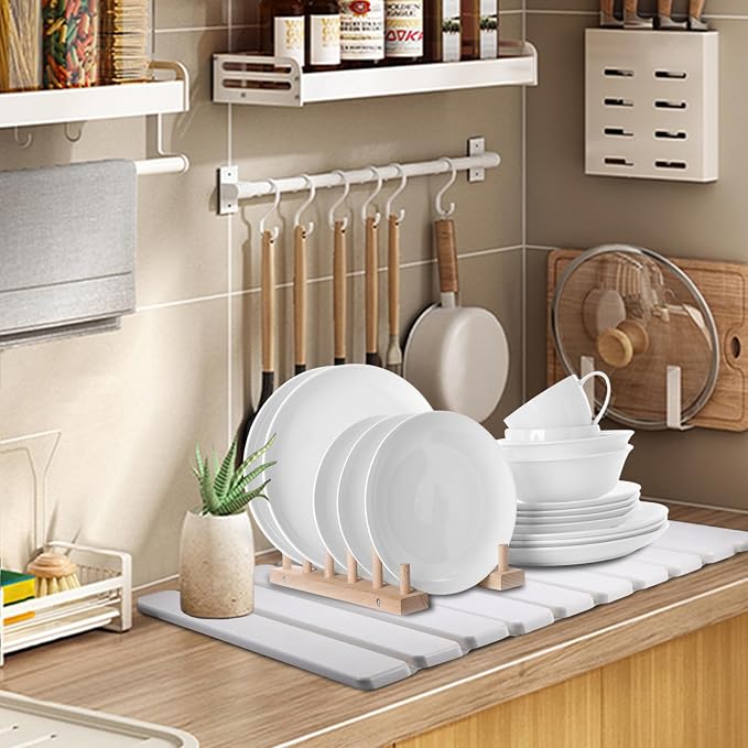 2 PCS Quick Dry Stone Dishes Mats for Kitchen Counter,Collapsible Quick Drying Dish Mats,Ultra Absorbent Diatomaceous Earth Mats for Dishes Bottles Cups, Match Any Countertop（White 24"×16"& 8"x4"）