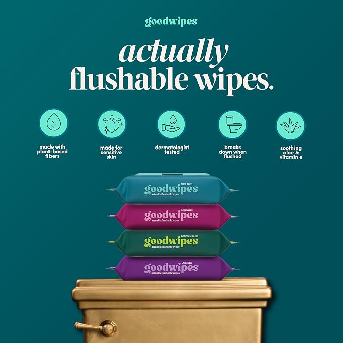 goodwipes Flushable Wipes - Shea-Coco Wet Wipes for Adults, Sewer & Septic Safe, Guest Bathroom Essentials for Women & Men, pH Balanced & Extra Large, 153 Count (3 Packs and 3 Singles)