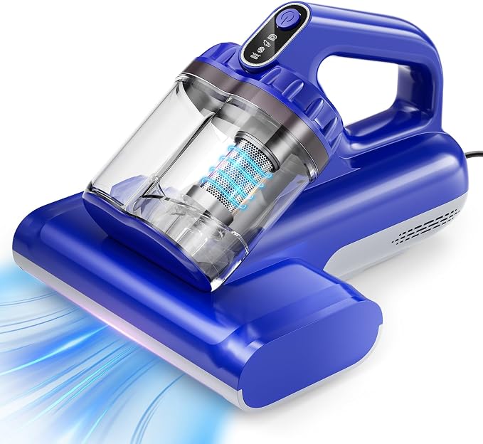 BYHUME Mattress Vacuum Cleaner, 17Kpa 650W Bed Vacuum Cleaner, 273nm UV-C Light & Ultrasonic 145°F Heating, 80000 RPM/Min Brushroll Rotation, Wide Suction Port for Pillows Cribs Sofa, Blue Corded