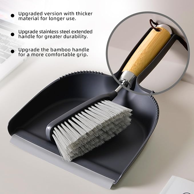 Hand Broom and Dustpan Set with Bamboo and Stainless Steel Handle, PET Bristles, Portable Cleaning Kitchen Countertops, Table Tops,Crumbs,beds,Sofas,Camping,Cars and Animal Cages