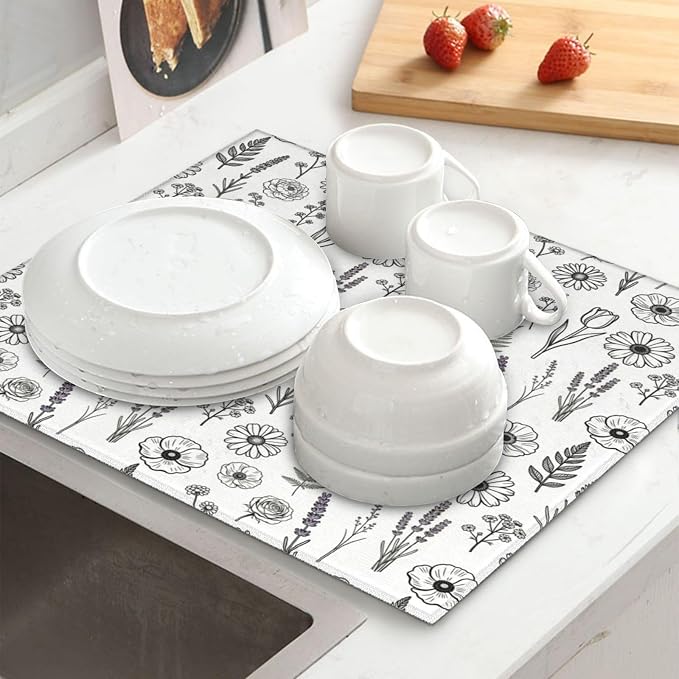 Black and White Floral Aesthetics Dish Drying Mat, for Kitchen Counter Microfiber Absorbent, Dish Draining Mat Extra Large 18"x24"
