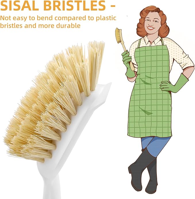 SUBEKYU Dish Brush with Bamboo Handle, Kitchen Dish Scrubber Built-in Scraper, Scrub Brush for Cleaning Pans/Pots/Sinks, Sisal Bristles, 2P