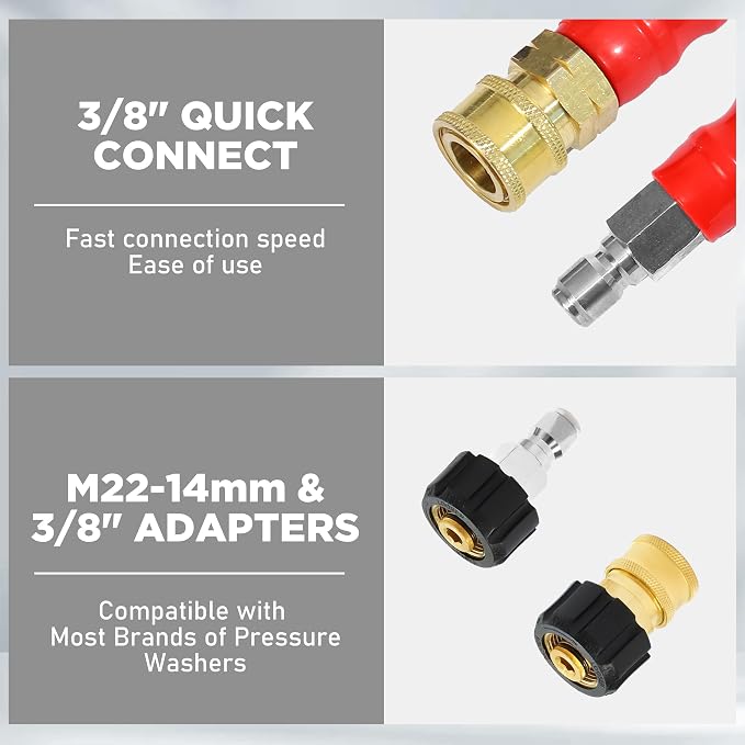 M MINGLE Pressure Washer Hose 25 FT x 3/8" - Replacement Power Wash Hose | M22 14mm to 3/8 Inch Quick Connect Fittings - Hot & Cold Water Use - Kink Resistant - 4000PSI