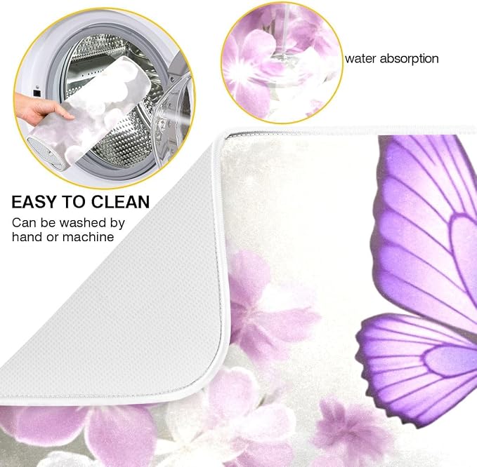 Butterflies Flowers Purple Dish Drying Mat for Kitchen, Absorbent Microfiber Drying Pad Dish Mat, 16" X 18"