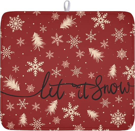 Christmas Snowflake Dish Drying Mat for Kitchen Counter 16x18 Inch | Red Xmas Theme Snowflakes Trees Snowy Dish Drainer Mat Rustic Winter Holiday Absorbent Washable Drying Pad