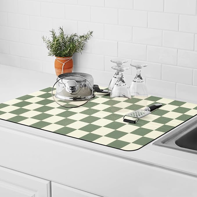 Dish Mat Drying Kitchen Mat, ,16"x 24" Super Absorbent Kitchen Dish Drying Pad for Countertop, Easy to Clean Drainer Mats with Non-slip Rubber Backed for Kitchen Counter,Green Checkered