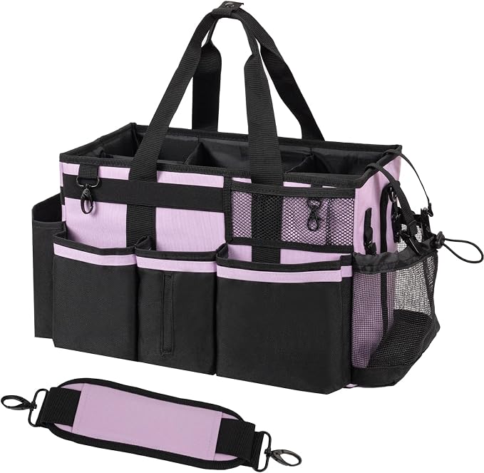 SCAVATA Wearable Cleaning Caddy, Cleaning Caddy Supplies Organizer with Handle & Shoulder Straps for Housekeepers, Under Sink & Car Cleaning Tool Organizers Bag with 4 Foldable Divider (Lilac)
