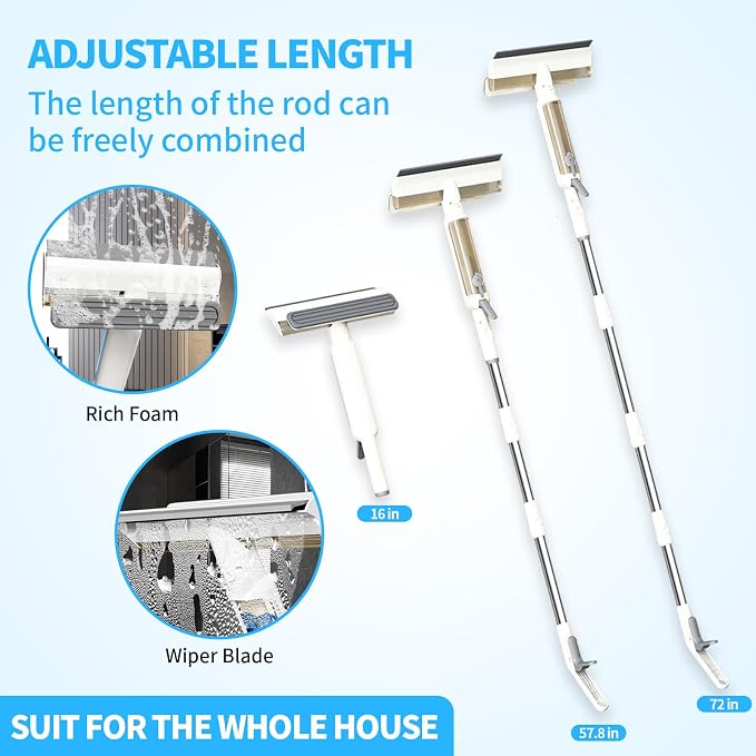 4-in-1 Window Squeegee with Extension Pole and Remote Control Spray, 74" Extendable Window Cleaner Tool, Window Cleaning Kit for Indoor Outdoor High Window, Car Glass & Shower Door