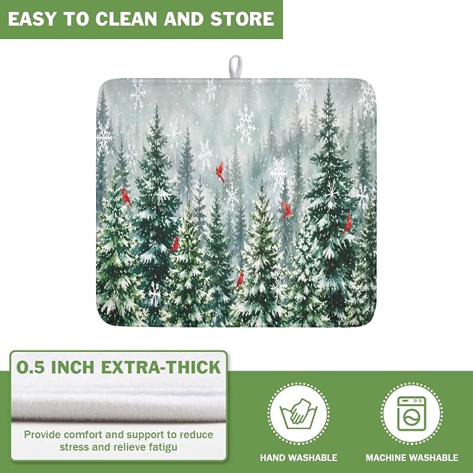 Winter Forest Snowflake Dish Drying Mat for Kitchen Counter 16"x18" | Christmas Green Pine Trees Birds Dish Drainer Mat Rustic Winter Holiday Absorbent Washable Drying Pad